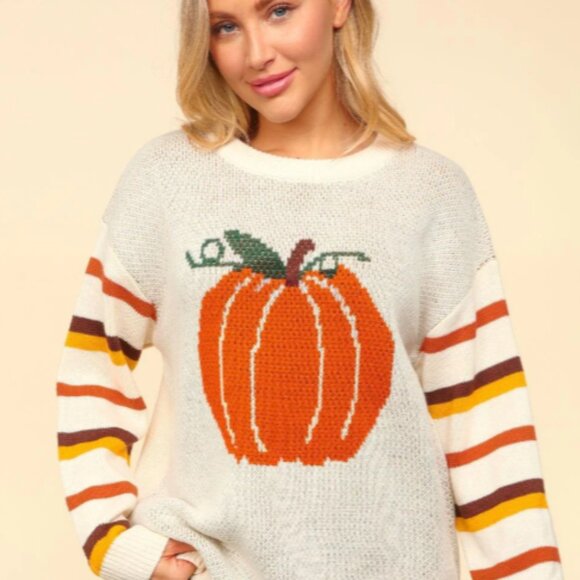 PLUS PUMPKIN JACQUARD OVERSIZED SWEATER KNIT TOP - Picture 1 of 4